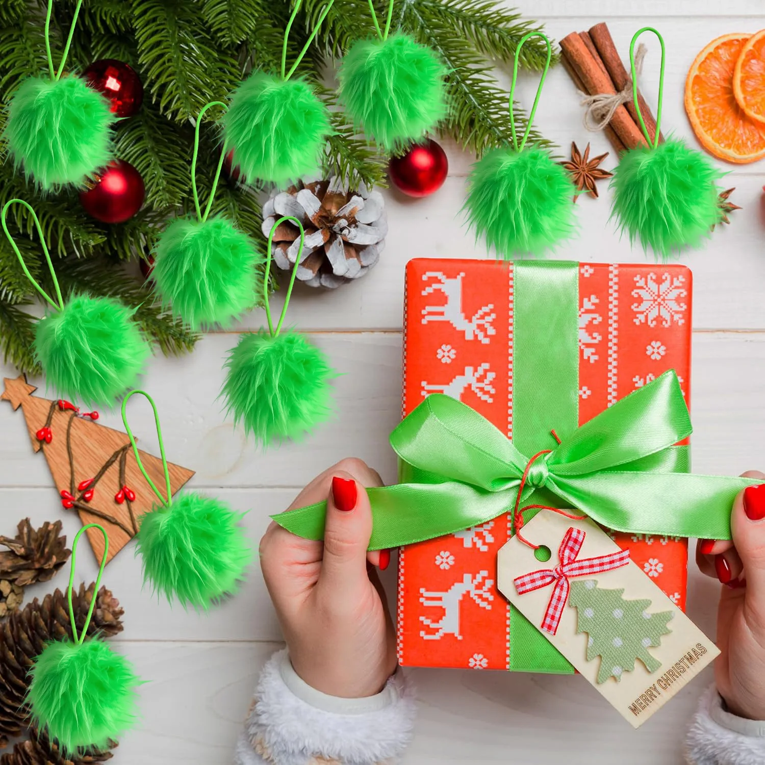 

24PCS Green Elf Ball Ornaments for Christmas Tree Fuzzy Hair Holiday Hanging Xmas Decorations