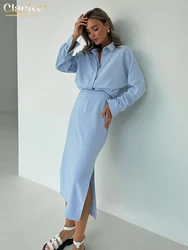 Clacive Fashion Loose Blue Cotton 2 Piece Sets Women Outfit 2025 Elegant Long Sleeve Shirt With High Waist Slit Long Skirt Set