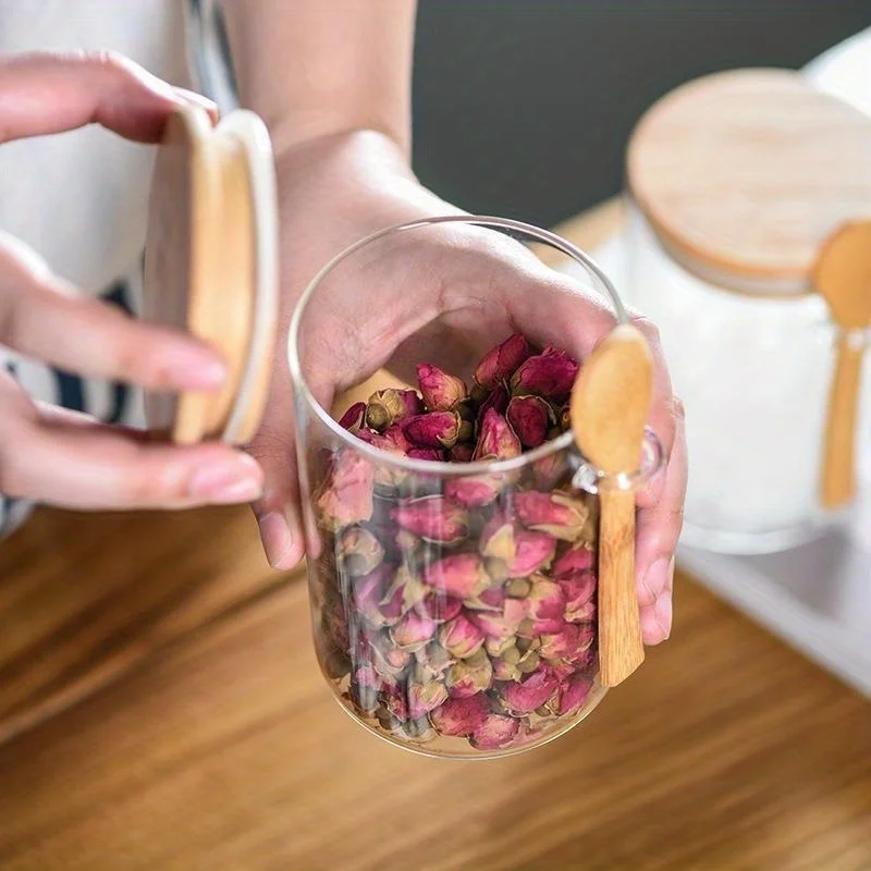 High Borosilicate Glass Airtight Container with Spoon Multi-Purpose Storage Jar for Tea Coffee Candy Spices