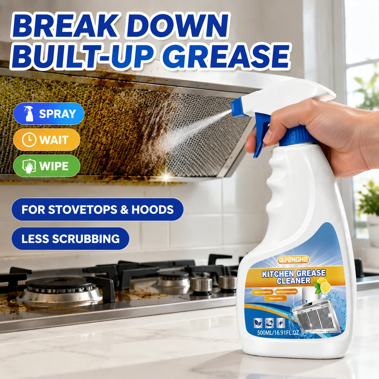 500ml Kitchen Degreaser Spray for Stove Top Range Hood Oven Cooktop Powerful Grease Grime Oil Cleaner Easy Wipe Fresh Scent Home