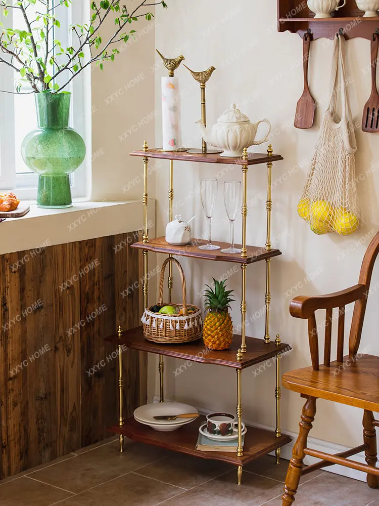 

Retro European-Style Storage Rack Multi-Layer Display Shelf Living Room Light Luxury Brass Solid Wood Display Rack