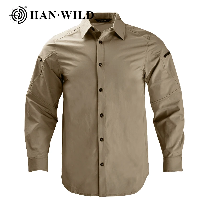 HAN WILD Men Casual Shirt Summer Quick Drying Shirts Lightweight Breathable Shirts Long Sleeve Outdoor Work Cargo Camping Shirts