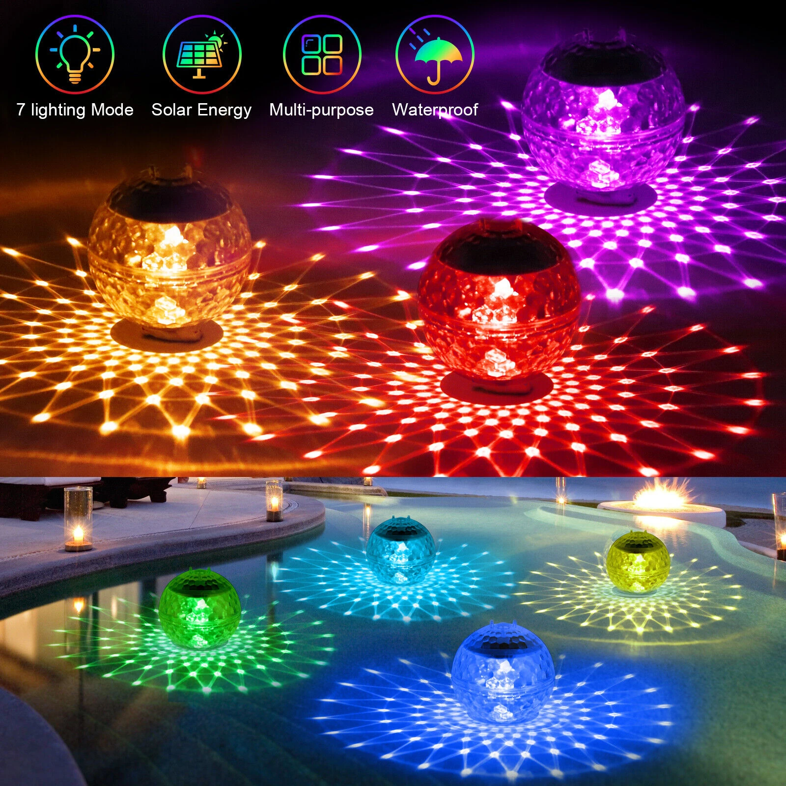 11cm RGB Solar Floating Pool Lights Built-in 600mah Battery Energy-saving 7 Colors Changing Rotating Garden Lamp