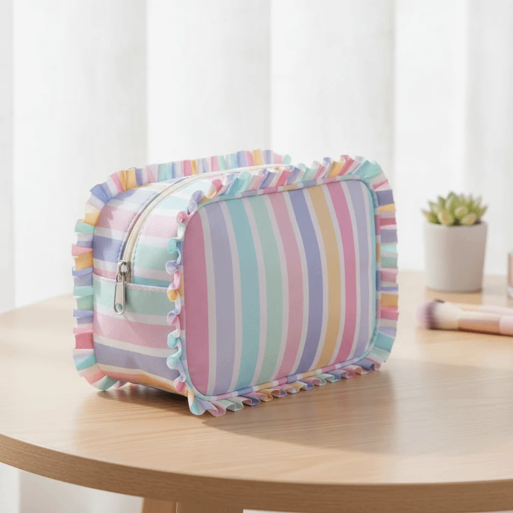 Ruffle Decoration Striped Cosmetic Bag Oxford Zip Top Women's Makeup Case Flat Bottom Portable Travel Zipper Pouch