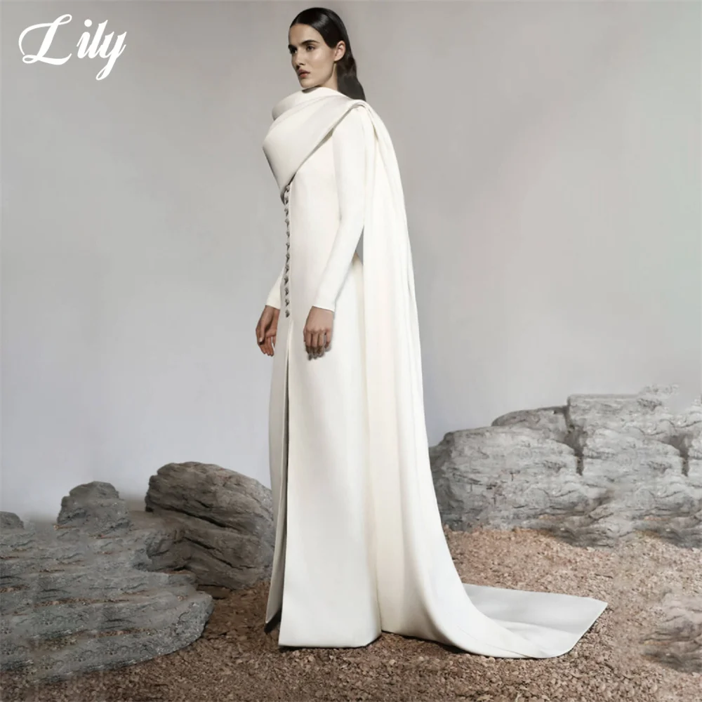 Lily White Beach Formal Dress Full Sleeves Split Party Dress for Wedding Button High Collar Special Occasion Dresses Customized