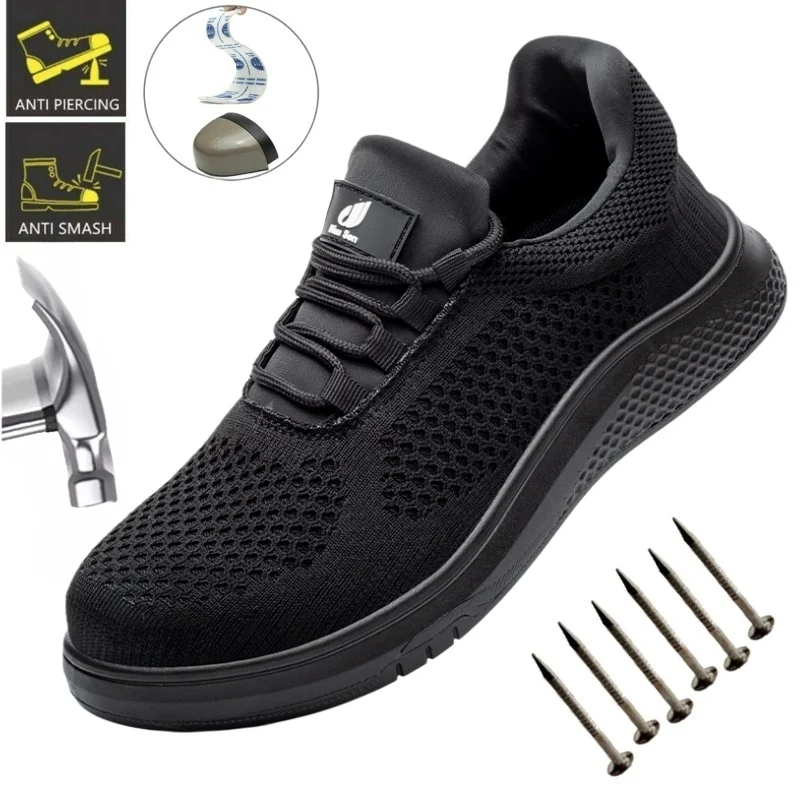 Black Breathable Ultra Light Sports Shoes Men's Work Boots Safety Steel Toe Comfortable Shoes Industrial Safety Work Shoes