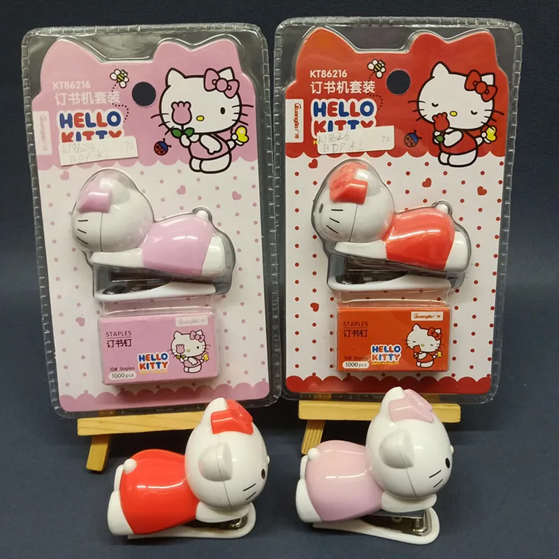 Kawaii Hello Kitty Two Colors Staplers Set Cute Cartoon KtCat Student Material Test Paper Mini Binding Machine School Stationery