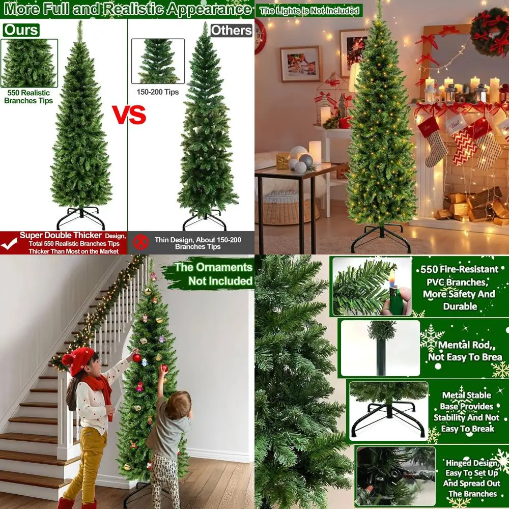 

Искусственная рождественская елка премиум-класса Slim, тонкая, зеленая ель, высота 5 футов, 550 советов, металлическая подставка, на петлях, идеально подходит для дома и улицы