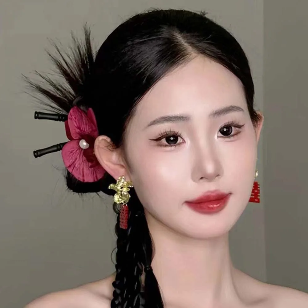 

3pc/set Sweet Butterfly Orchid Hair Clip Cloth Red Bride Flower Side Clip Alloy Seaside Vacation Headwear Chinese Style Hairpin