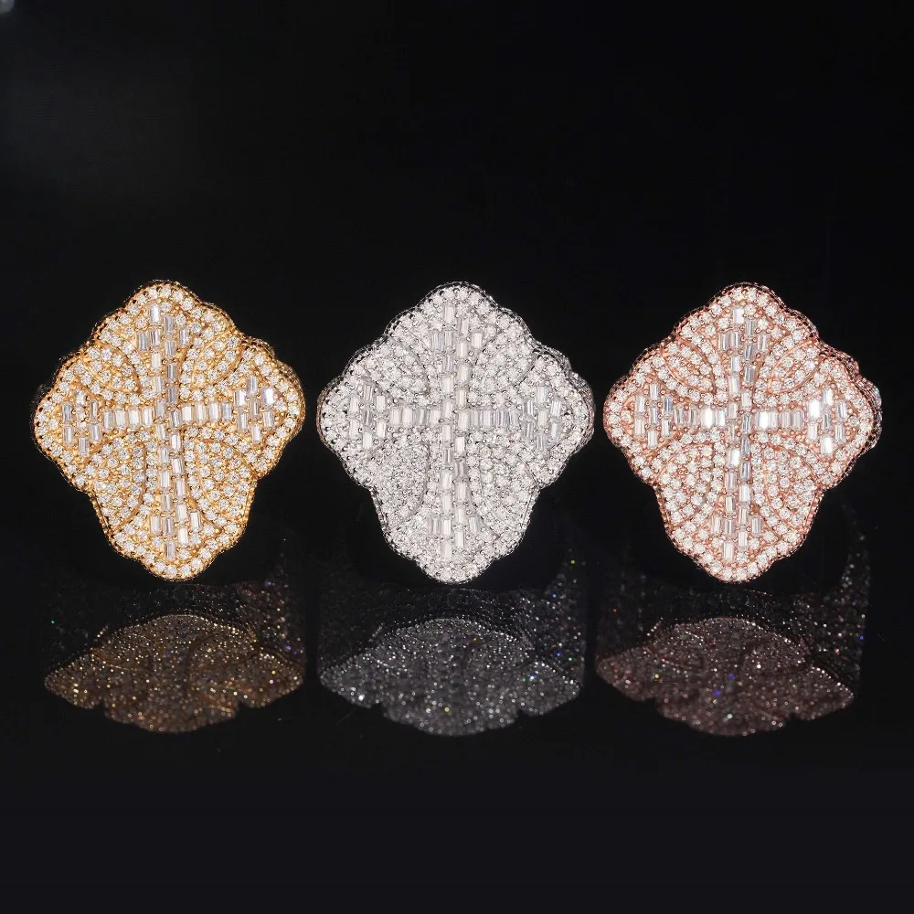 Iced Out Baguette Cut Moissanite Cross Ring Hiphop Rock 925 Sterling Silver Party Rings for Women Men Pass Diamond Tester