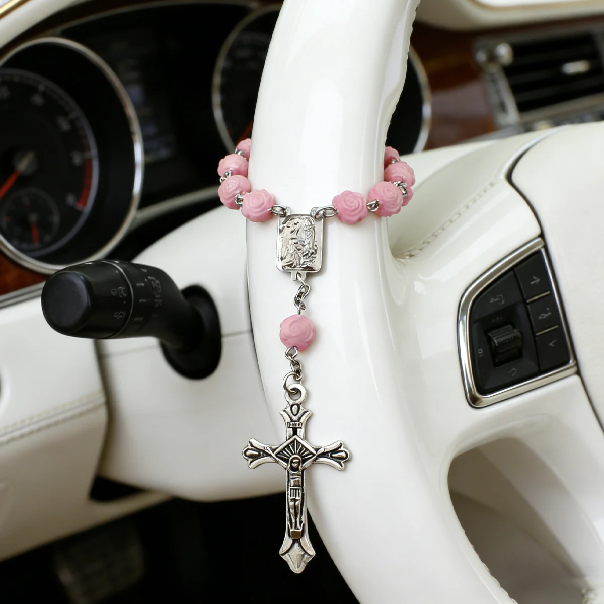 One steering wheel decoration piece, a simple pink rose cross, creative prayer beads car pendant accessory