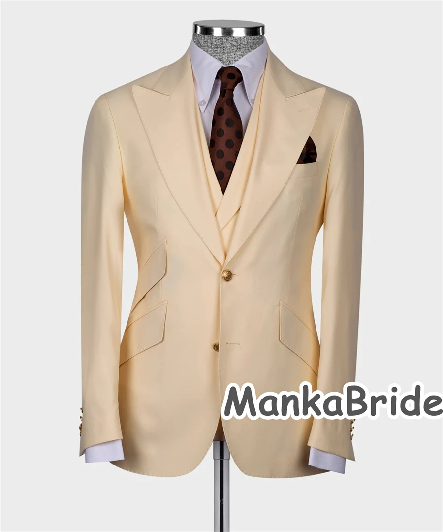 Smoking De Casamento De Botão De Ouro, Ternos Do Noivo Para Casamento, Festa De Baile, Blazer Colete e Calças, Conjunto De Terno De Homem Formal, Clássico, Bege, 3Pcs