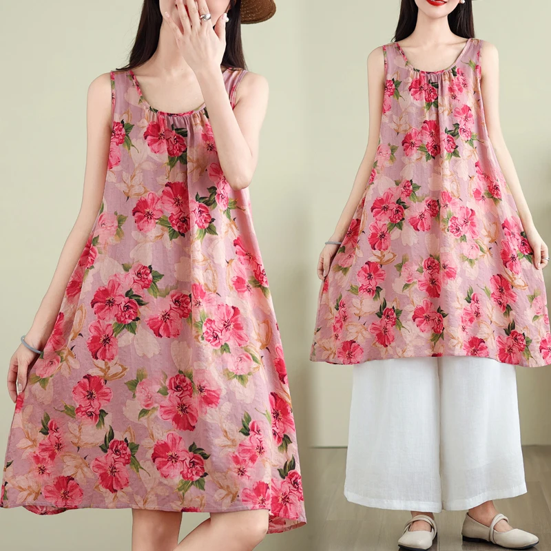 

Retro Print Svel Dr Women's plus Size Loose Meat Covering Casual round Ne A-Line Vest Skirt Summer Cotton Blend