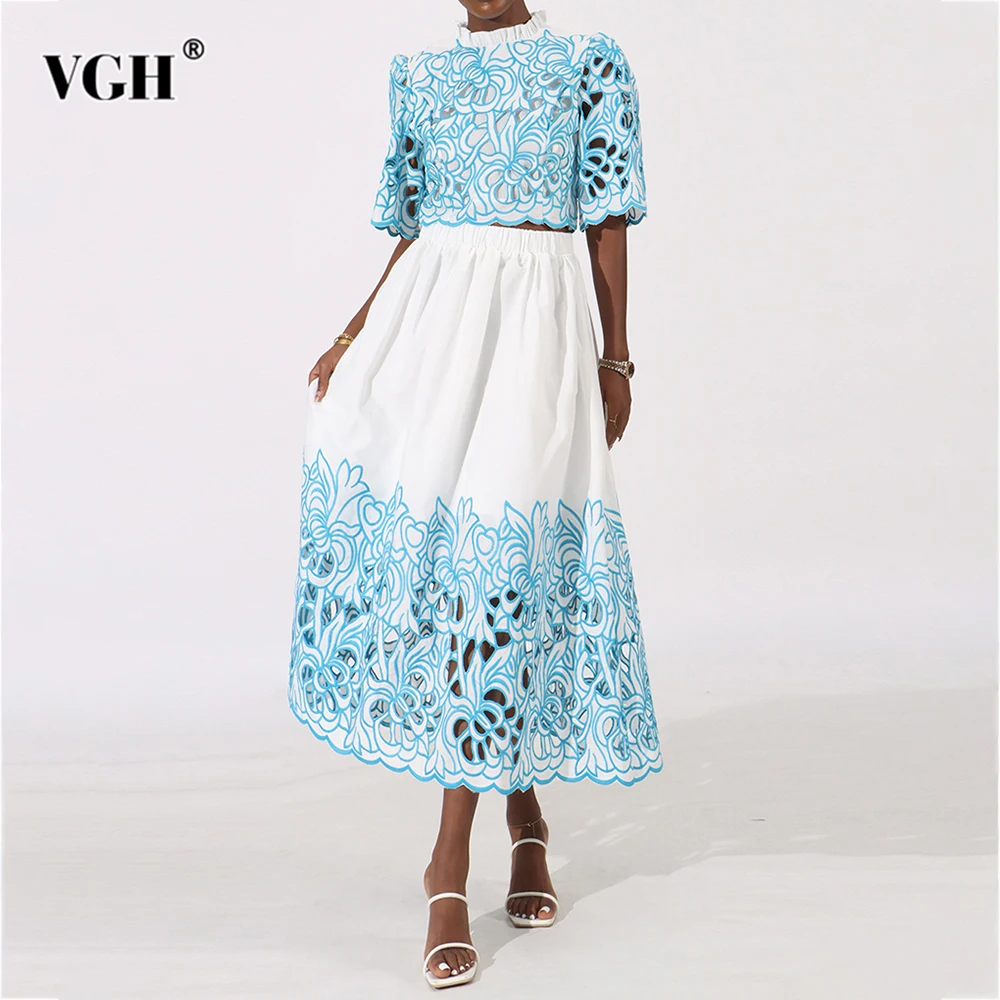 

VGH Hit Color Temperament Skirts Sets For Women Stand Collar Half Sleeve Top High Waist Hollow Out Skirt Elegant Set Female New