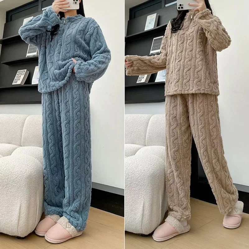 2PCS/Set Thickened Warm Fashion Coral Velvet Pajamas Fall Winter Padded Ladies Casual Elastic Striped Comfortable Homewear