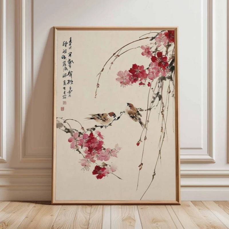 Japanese-style Bird Poster Cherry Blossom Wall Decoration Zen-inspired Home Decor Traditional Floral Wall Decoration - Framel