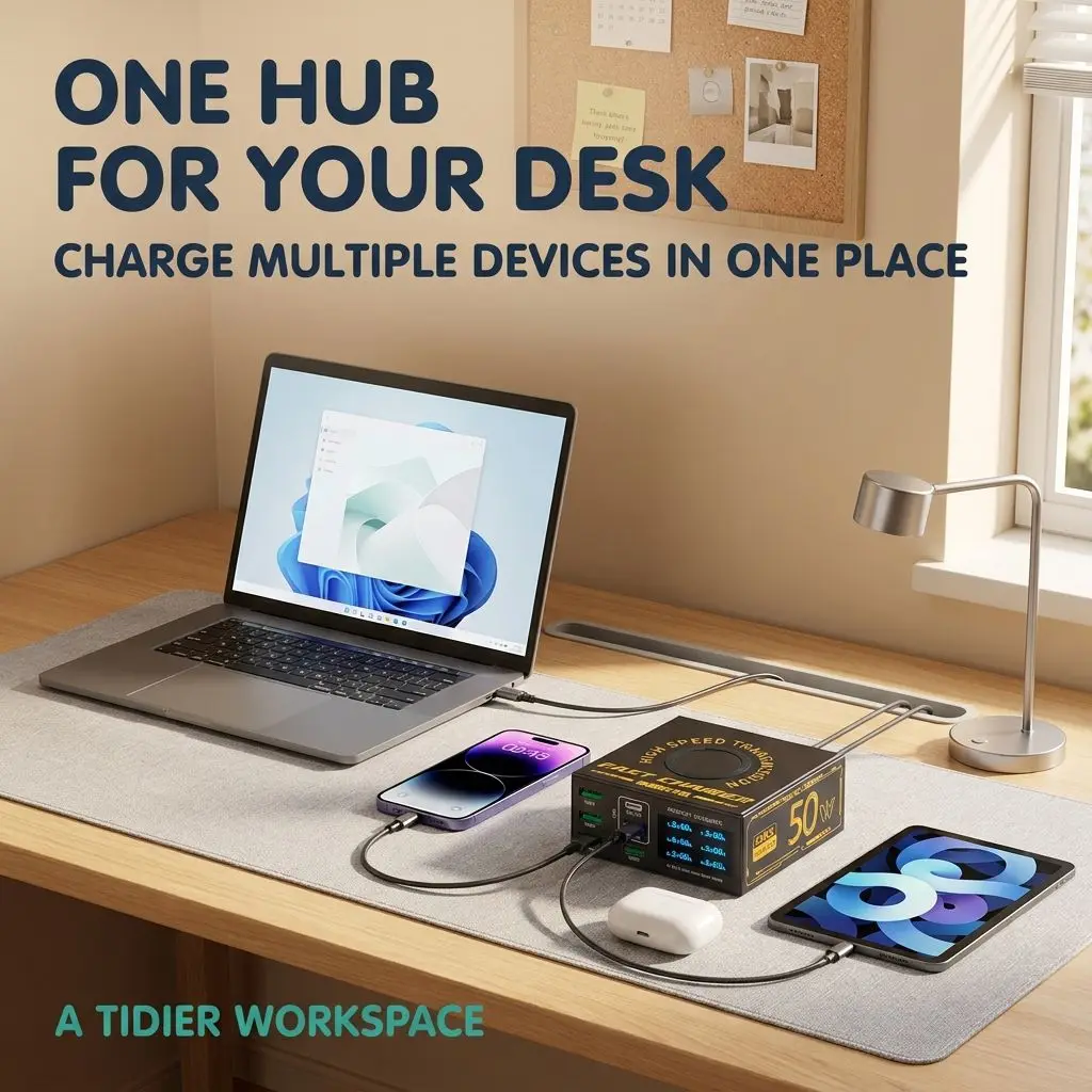 50W Charging Station, 6-Port Desktop Charger with PD 20W & QC 3.0, Fast Charging for iPhone Samsung Tablet, Real-Time Display