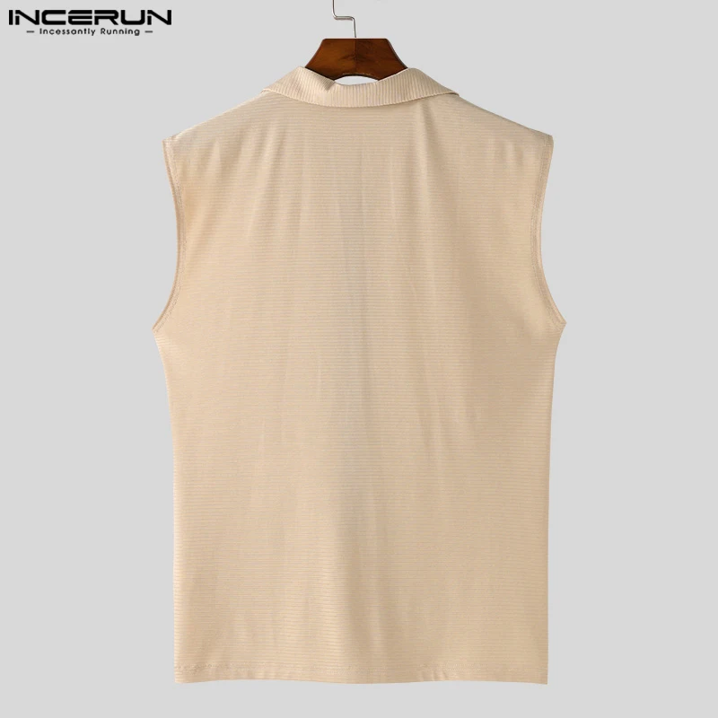 Stylish Casual Style Tops INCERUN New Men Zipper Design T-shirts Streetwear Male Solid All-match Lapel Sleeveless Camiseta S-5XL