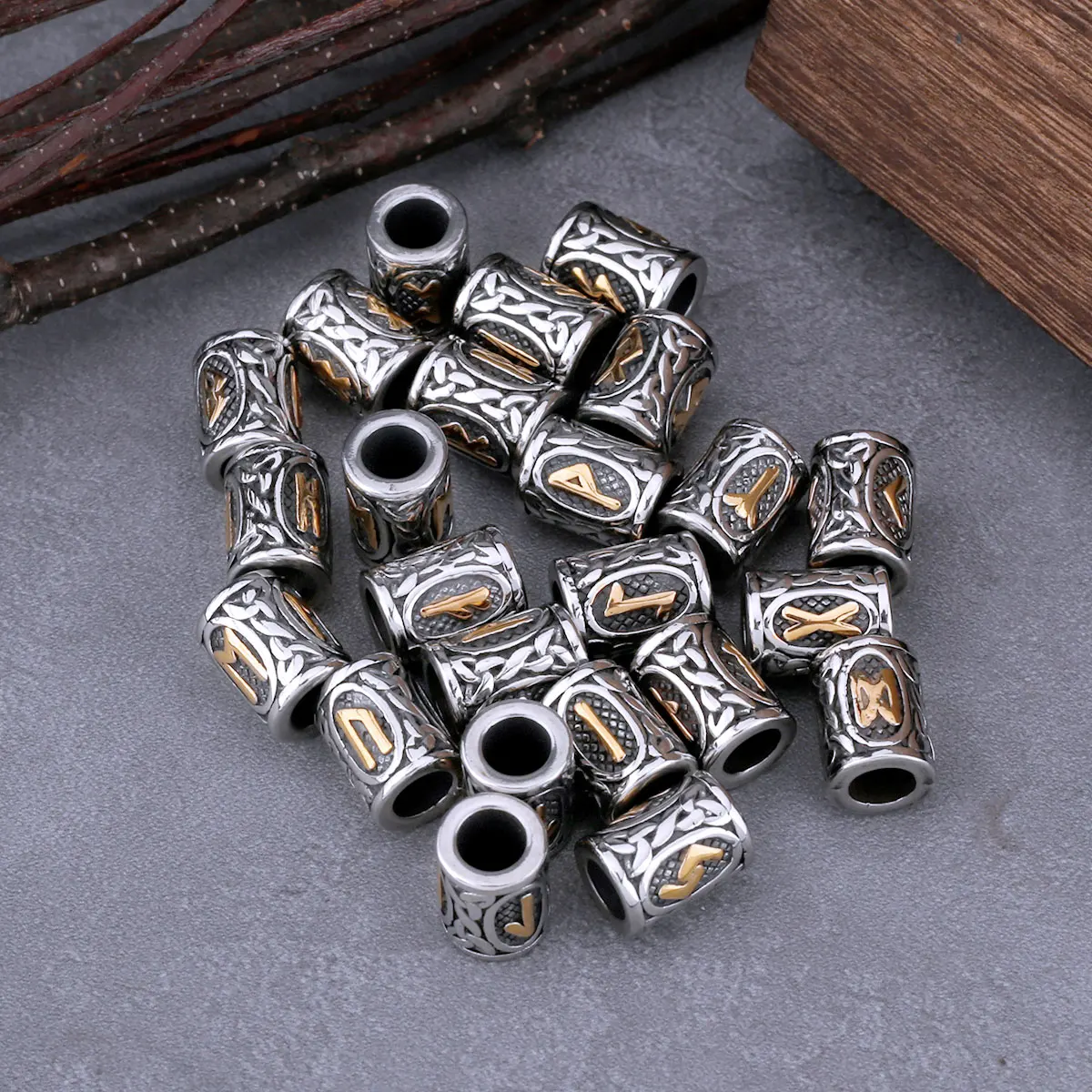 Stainless Steel Vikings Rune Beads 24pcs/lot 6mm Hole for Hair or Beard Men and Women Beads Small Fashion Jewelry Gift Wholesale