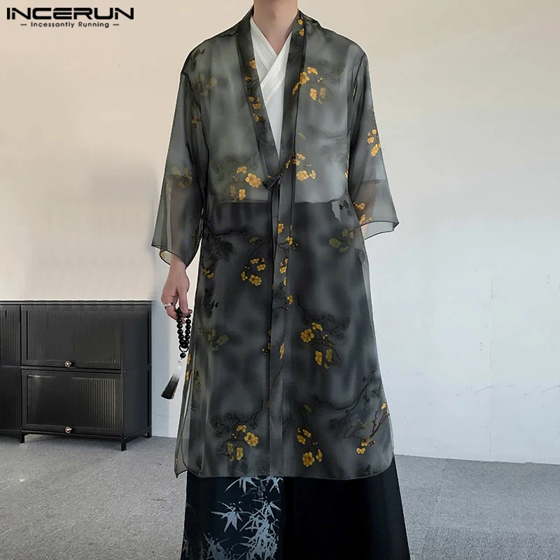 

INCERUN прозрачная мужская рубашка длинная рубашка кардиган топы с цветочным принтом летняя весенняя футболка уличная рубашка с открытой строчкой оверсайз