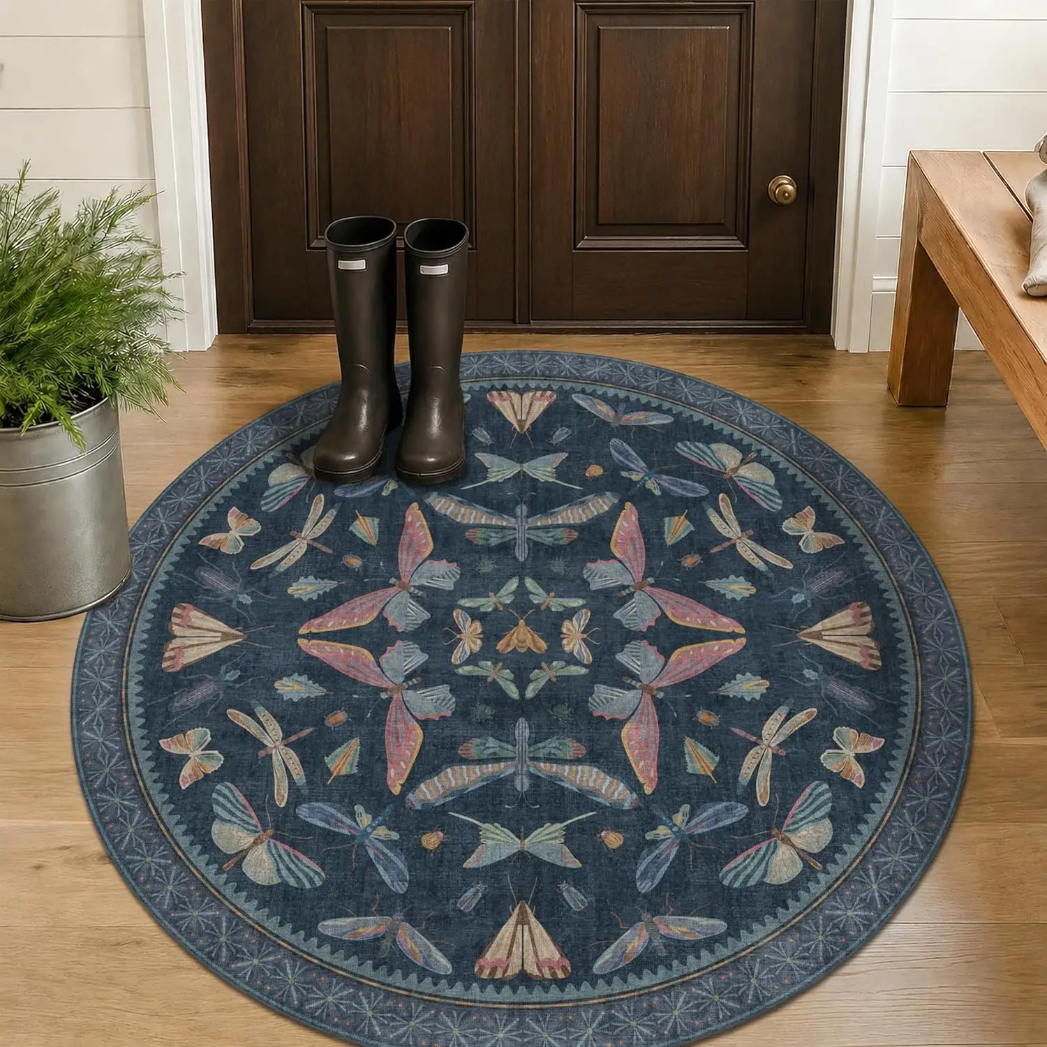 Dragonfly Butterfly Round Area Rug Dark Green Mandala Circle Carpet Washable Non Slip Vintage Living Room Floor Decor