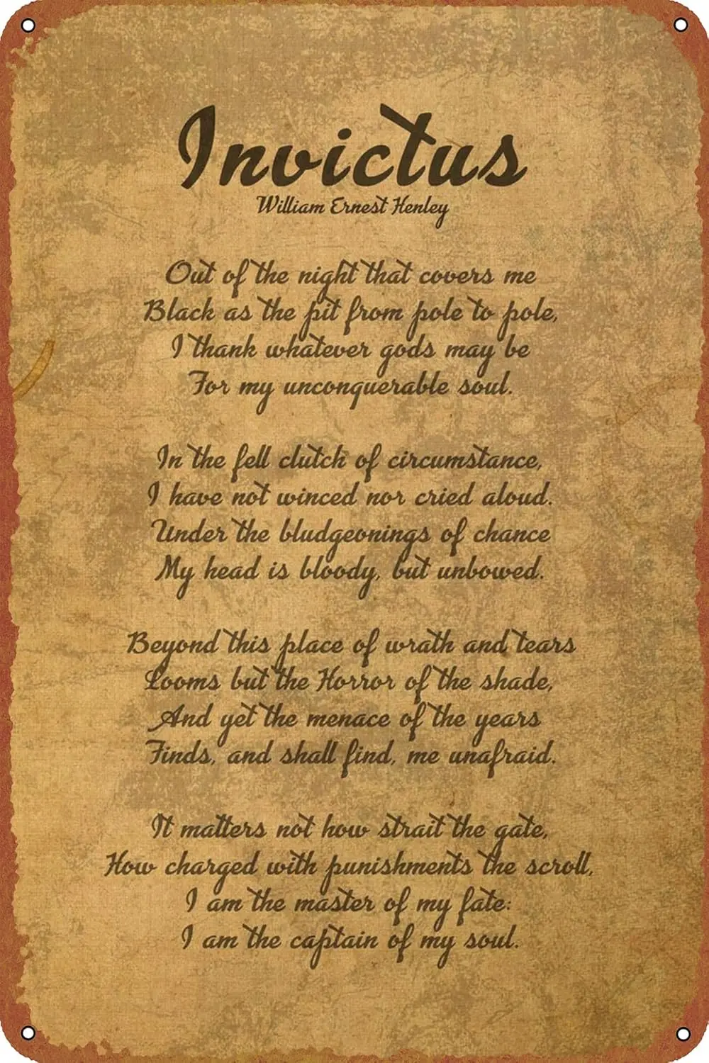 Póster de Invictus de William Henley, letrero de estaño de Metal, letreros de decoración de pared, decoración artística Retro, placa de Metal, arte de 8x12 pulgadas