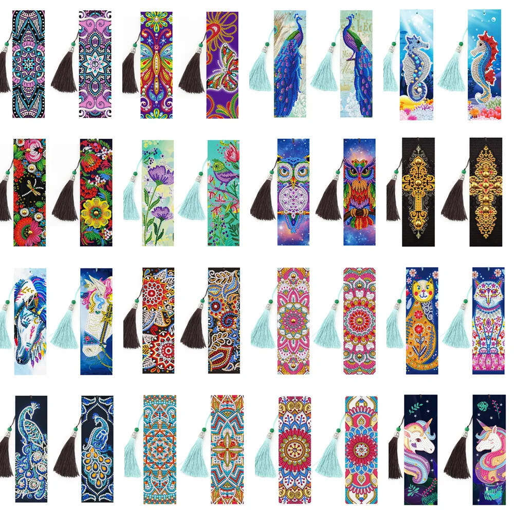 

2Pcs Diamond Drawing Cross Stitch Bookmark Seahorse Peacock Figure Mosaic Shaped Diamond PU Bookmark Student Gift