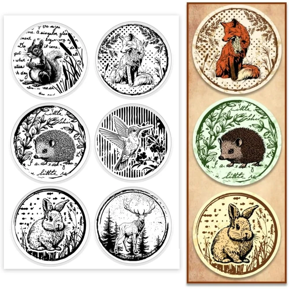Круглые штампы с животными, прозрачные штампы для изготовления карт, лиса, белка, кролик, еж, пятнистый олень, прозрачный силиконовый штамп, резиновый штамп