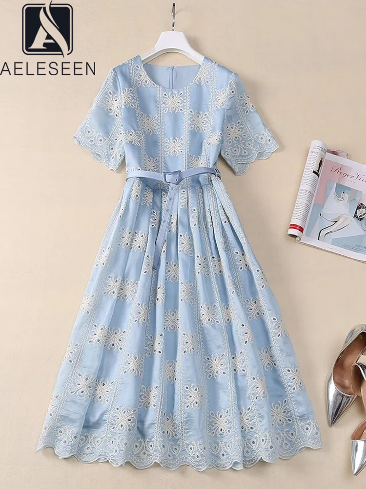 

AELESEEN Fashion Designer Summer Dress Short Sleeve Blue Beige Flower Embroidery Hollow Out Belt Elegant Midi Casual Female