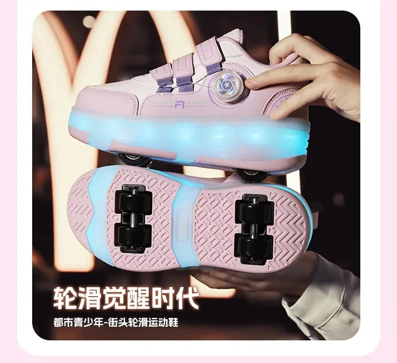 Sepatu Roda Anak Empat Roda dengan Lampu LED untuk Anak Laki-laki dan Perempuan, Sepatu Olahraga Bercahaya, Sneakers Skateboard dengan Pengisian Daya USB