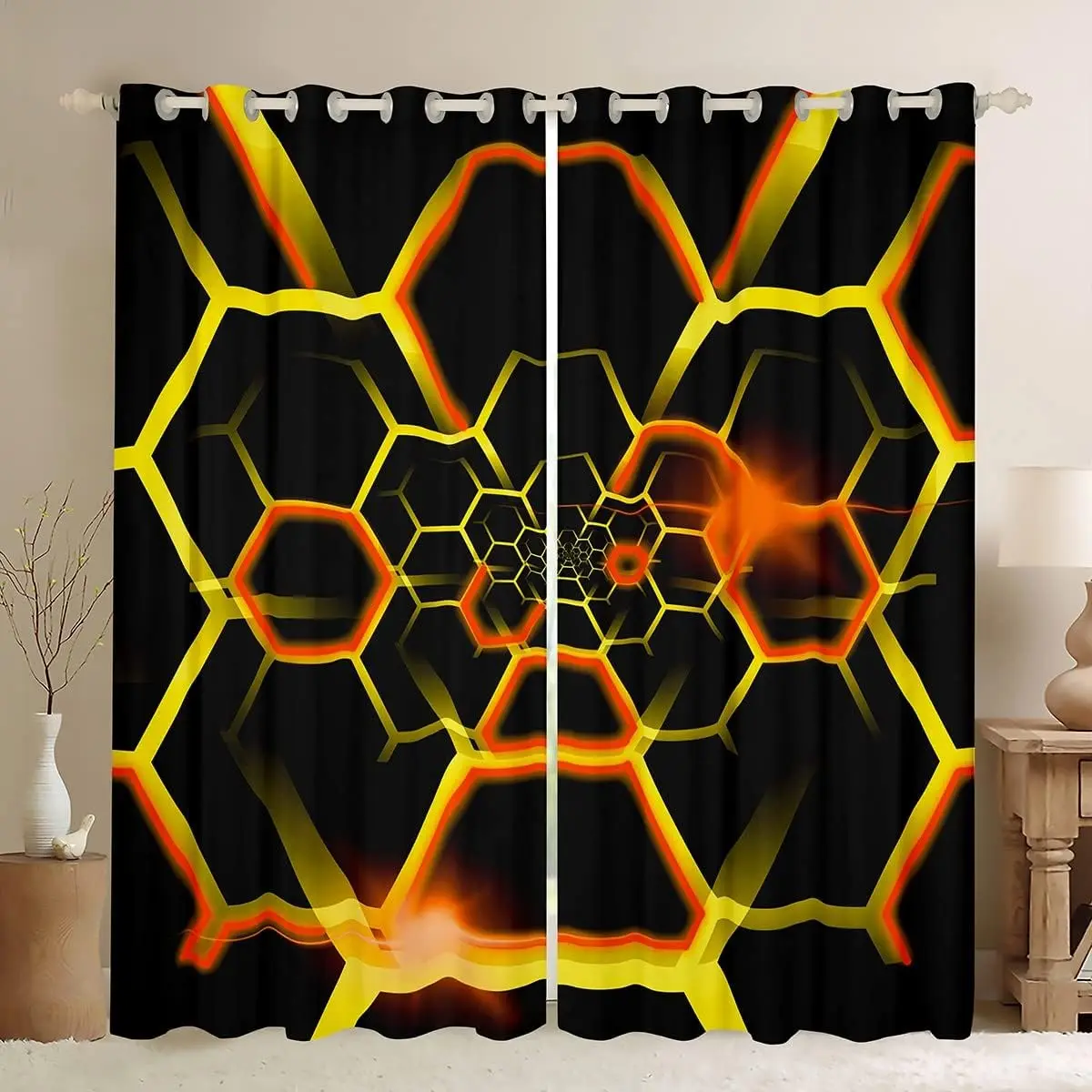 Futurism Hexagonal Art Printed Curtain for Home Decor Rod Pocket Grommet Top Window Treatment for Bedroom Kitchen Living Room