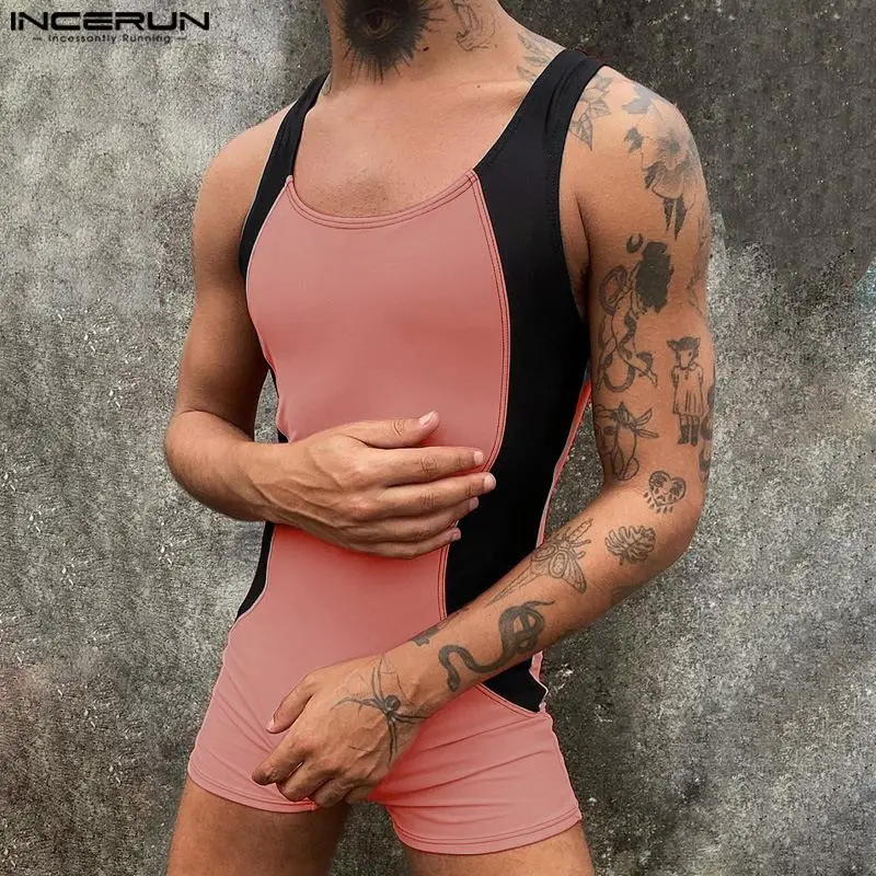 INCERUN 2024 Sexy American Style Homewear Men\'s Jumpsuits Stylish Contrast Color Rompers Personality Sleeveless Bodysuits S-5XL