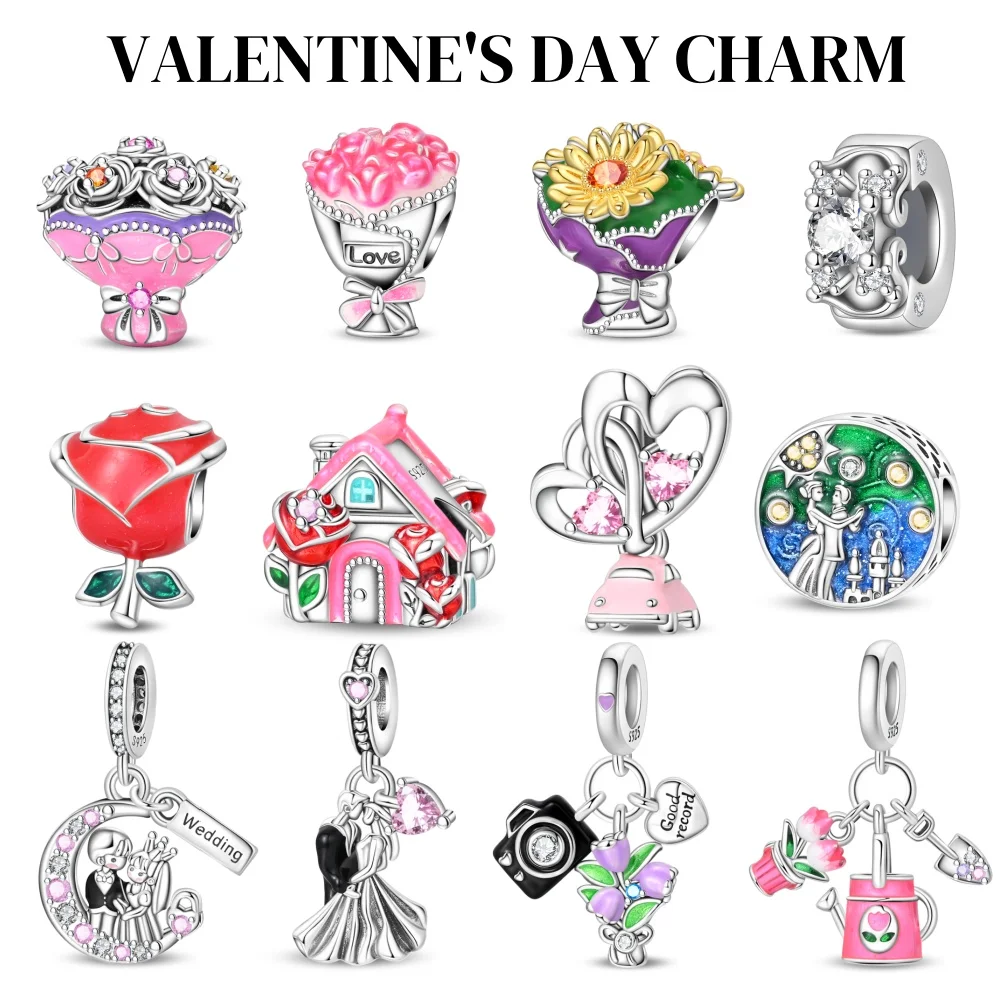 

Romantic Valentine's Day Pink Heart Love Rose Charm Beads Pendants Fit DIY 925 Silver Bracelet Women Jewlerly Anniversary Gift