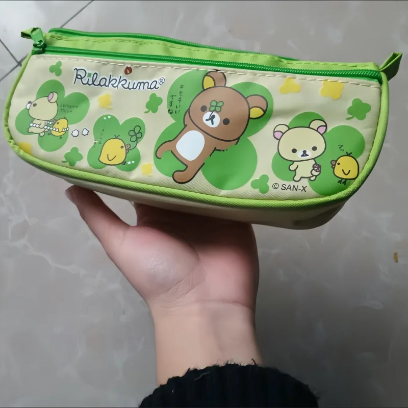 2025 Hot Sale Kawaii Rilakkuma Clover Canvas Print Pencil Case High Capacity Cosmetic Storage Bag Cartoon Anime Periphery Gifts