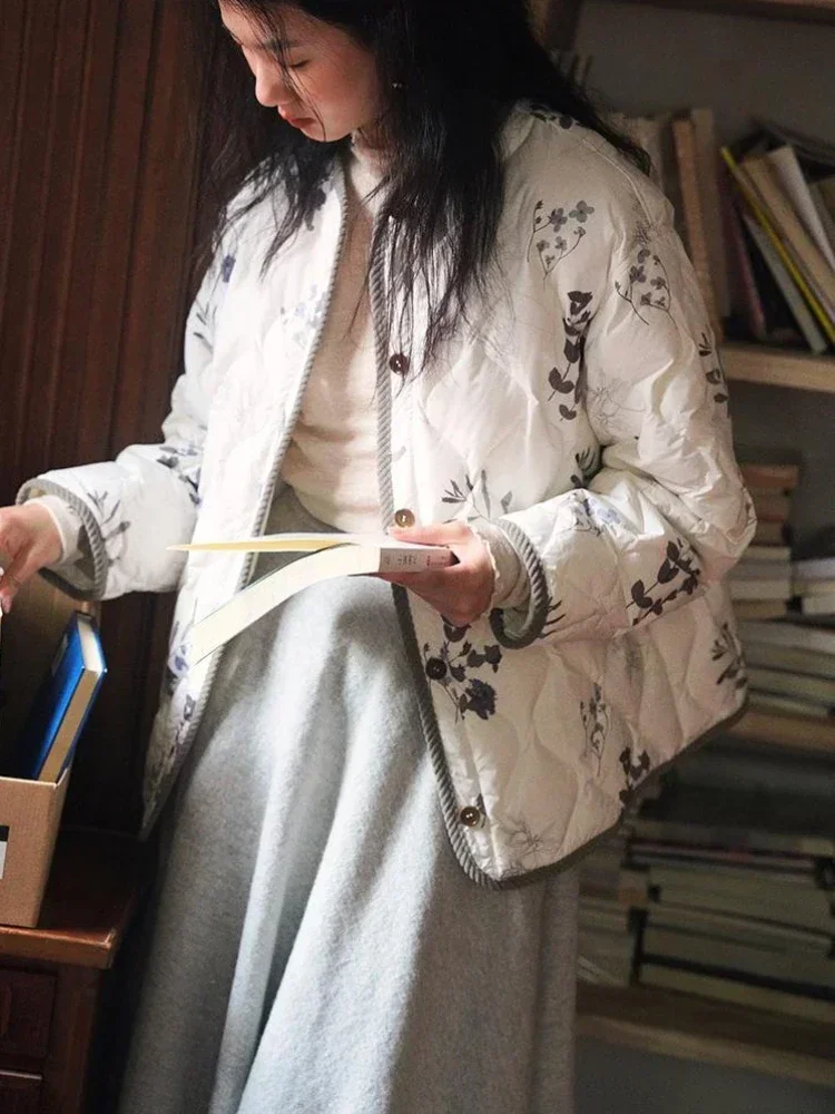 Vintage Floral Quilted Jacket Women's O Neck Single Breasted Diamond Plaid Loose Warm Outwear Fashion Long Sleeve Coat Top 2025