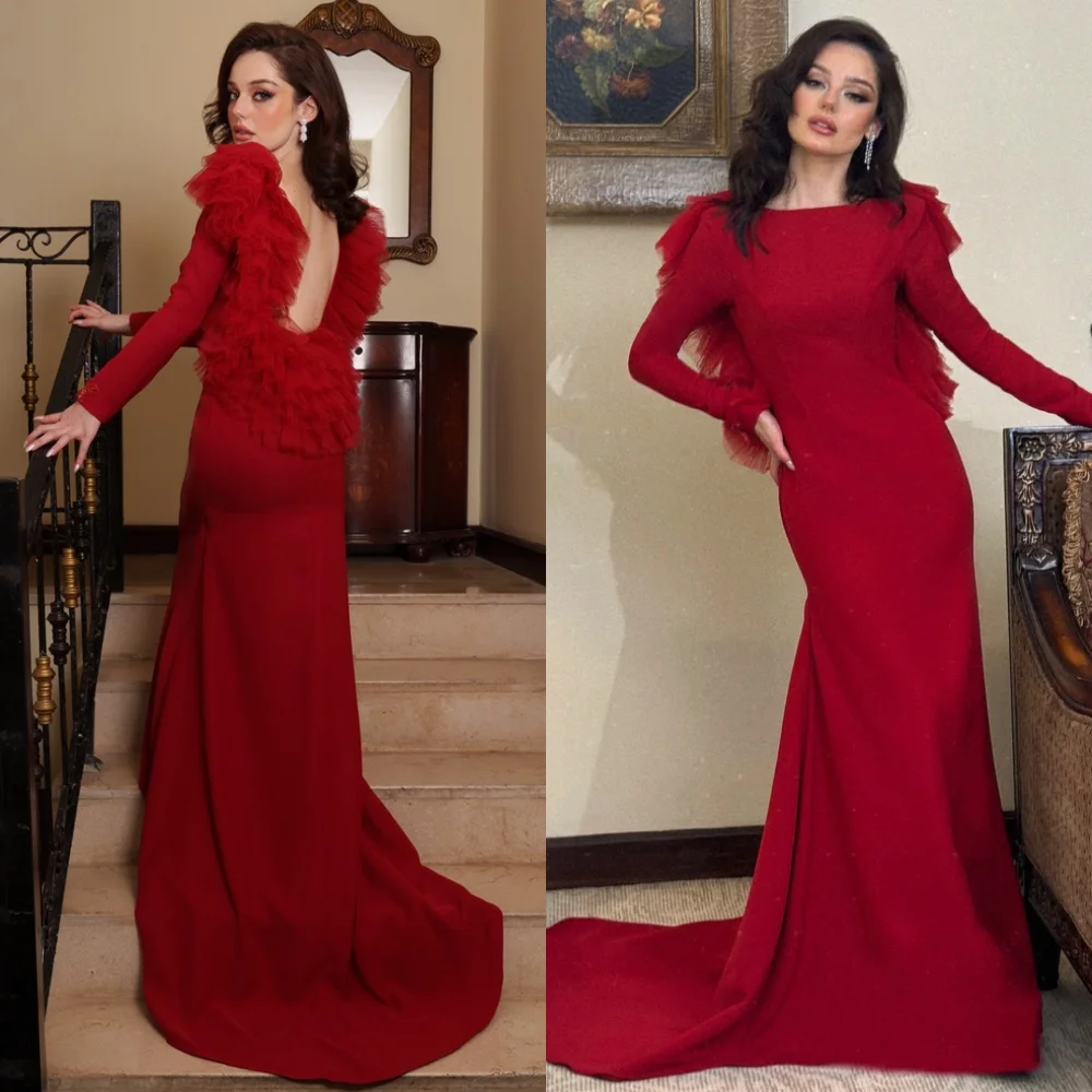 

Элегантное вечернее платье из красного джерси по индивидуальному заказу, изысканные платья знаменитостей с длинными рукавами, высокое качество, платье для выпускного вечера с открытой спиной и открытой спиной