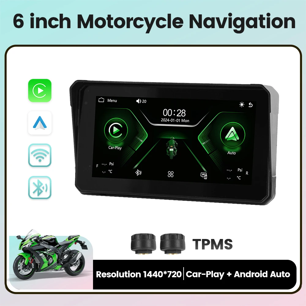 

Wireless CarPlay Moto Android Auto 6“ Portable Digital Motorcycle Dashboard GPS Navigation Display Screen Monitor Optional TPMS