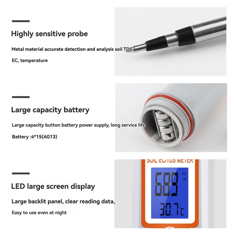 3 In1 Soil EC TDS Meter Soil Detector Digital Soil Temperature Tester Soil Monitor Temperature Tester Conductivity Tester-A77G