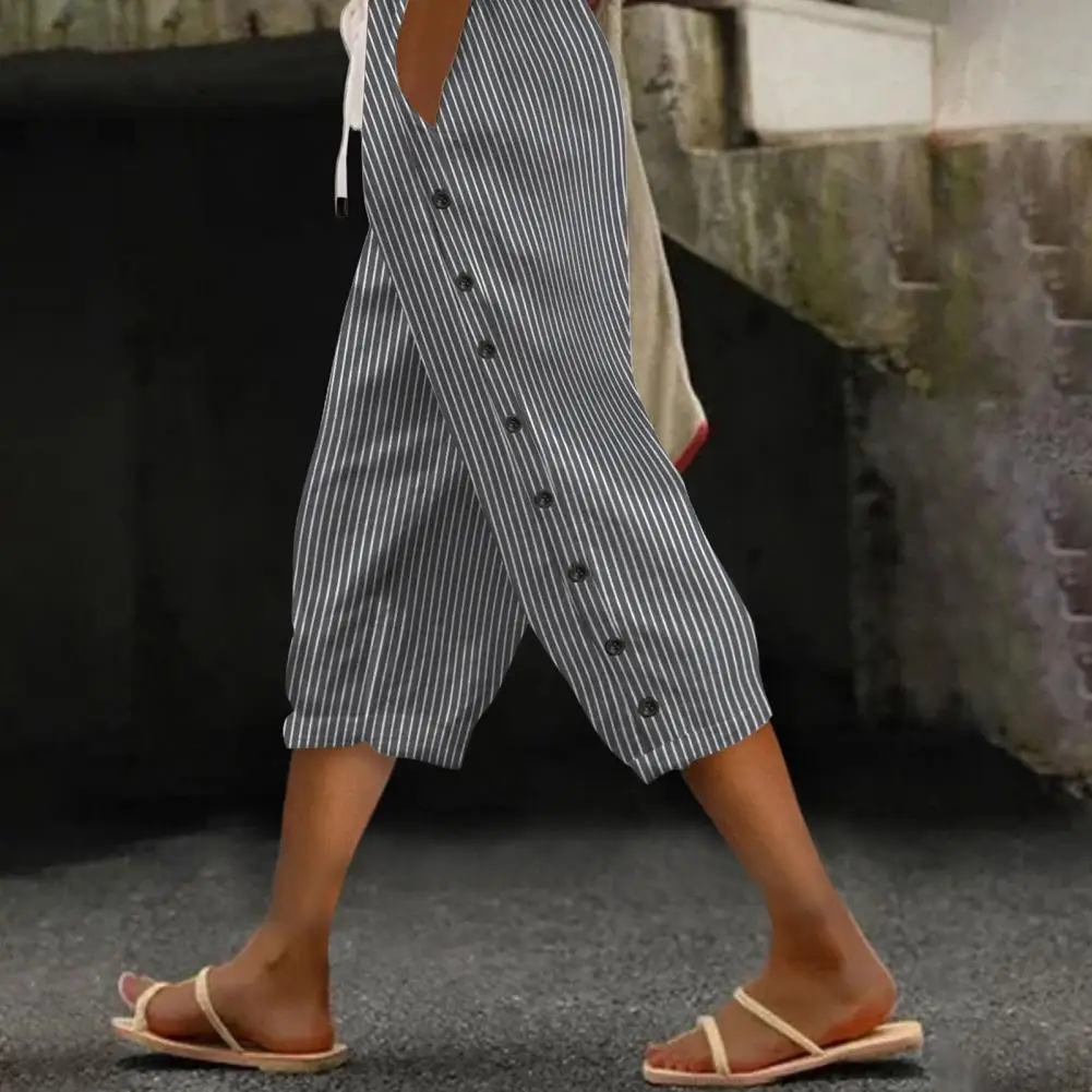 

Women Summer Trousers Stylish Women's Cropped Pants with Drawstring Waist Vertical Striped Print Pockets Casual for Summer