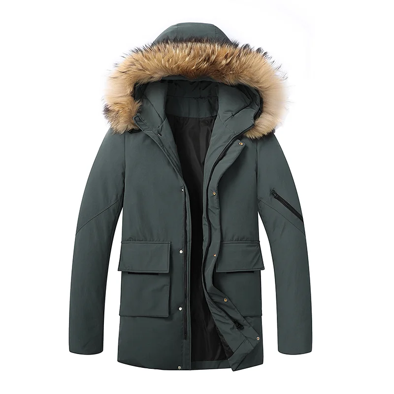 Black Men Mid Length Parka Jacket Large Fur Collar Hooded Thick Insulated Winter Coat Multi Cargo Pockets Wind Resistant Outdoor