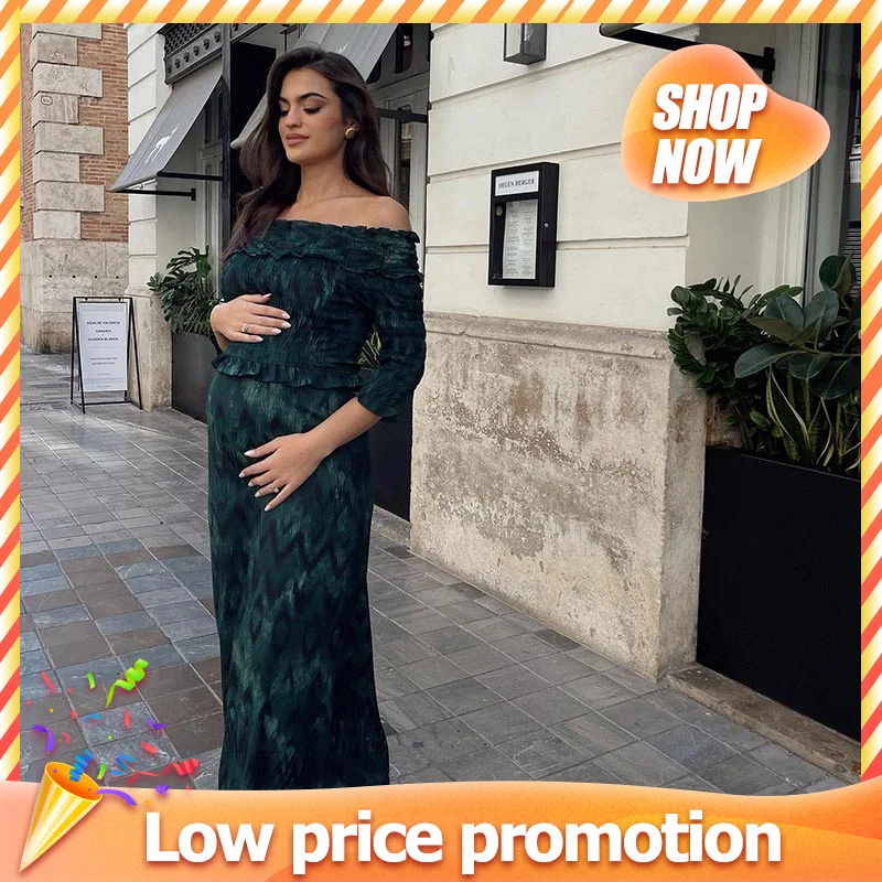 Women Fashion Chiffon Off Shoulder Printing Pleated Long Dress Casual Slim Full Sleeve Maxi Dress Ladies Spring Highstreet Robes