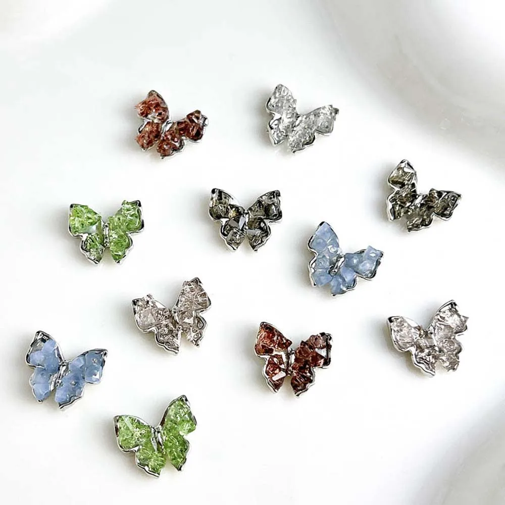 10Pcs Alloy Butterfly Nail Art Charm 3D Crystal Broken Diamond Silver Butterfly Nail Ornament DIY Exquisite Nail Accessories