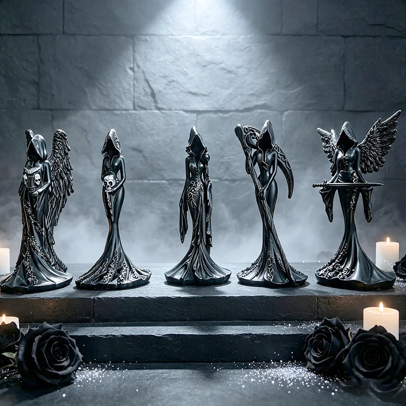 Dark Gothic Resin Witch Angel Figurine, Hooded Reaper Statue, Halloween Desktop Decoration Collectible Ornament Unique Gift
