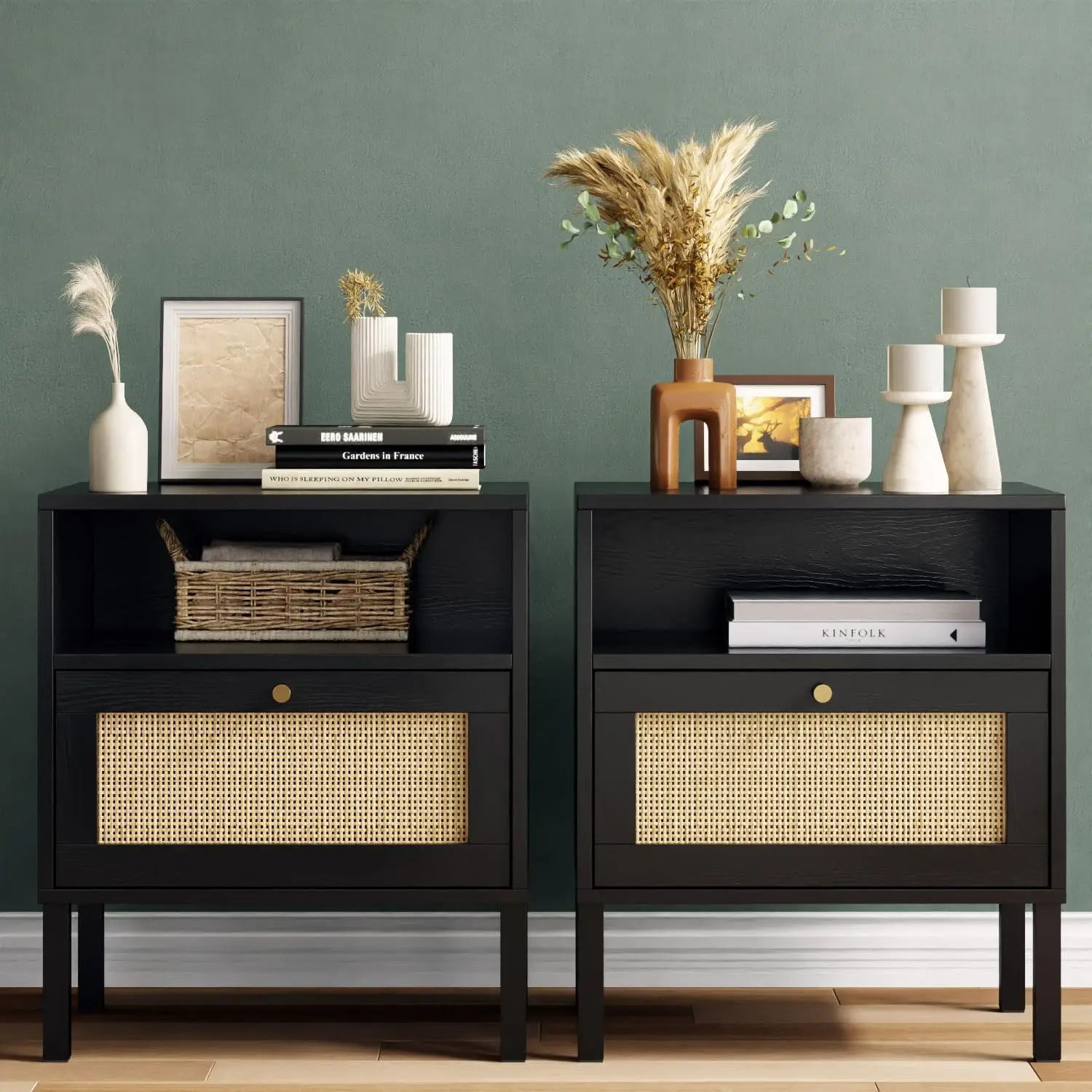

Bedside Table Black Nightstand with Rattan Door, Storage Cabinet, Open Storage Space & Sturdy Metal Legs, Accent Bed Side Table