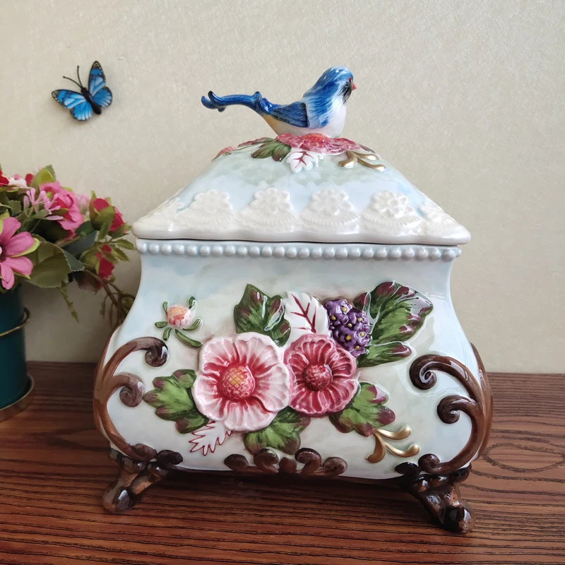 European hand painted underglaze ceramic Magpie sealed jar Home tea candy snack jar Home decoration jar living room decoration