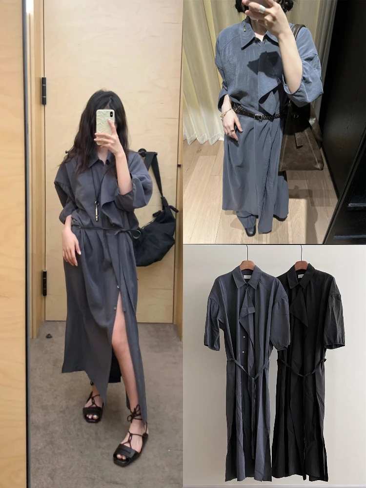 Vestido Csero Hoado con Cinturón, Abertura Lateral, Cintura Alta, Estilo Línea A, Verano, Casual, Manga Larga, Cuello Po...