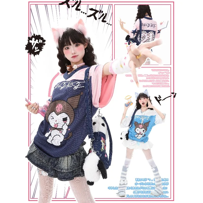 

Miniso забавные выражения ниша ретро мультфильм контрастного цвета спортивный трикотаж с v-образным вырезом футболка с короткими рукавами свободная BF