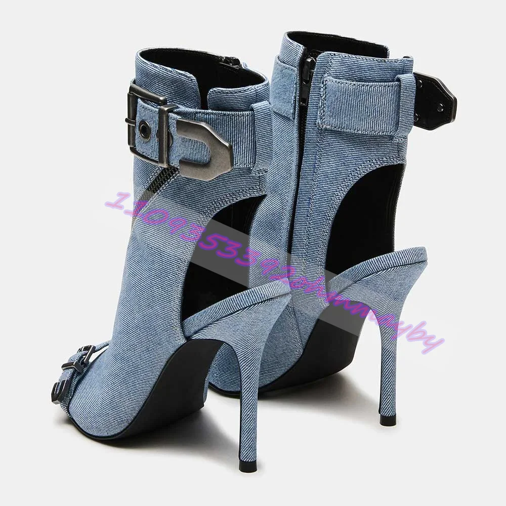 Summer Blue Denim Pointed-Toe Boots For Women Open-Toe Leather Belt Buckle Sandals Fashion Metal Pointed-Toe Zipper High Heels view 5