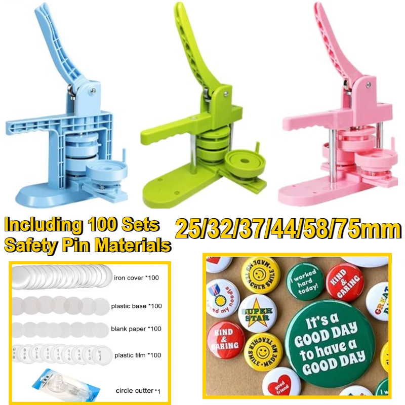 

Full Sizes Rotary Button Maker Machine 25/32/37/44/58/75mm Including 100 Sets Safety Pin Materials Blue/Pink/Green DIY Art Craft