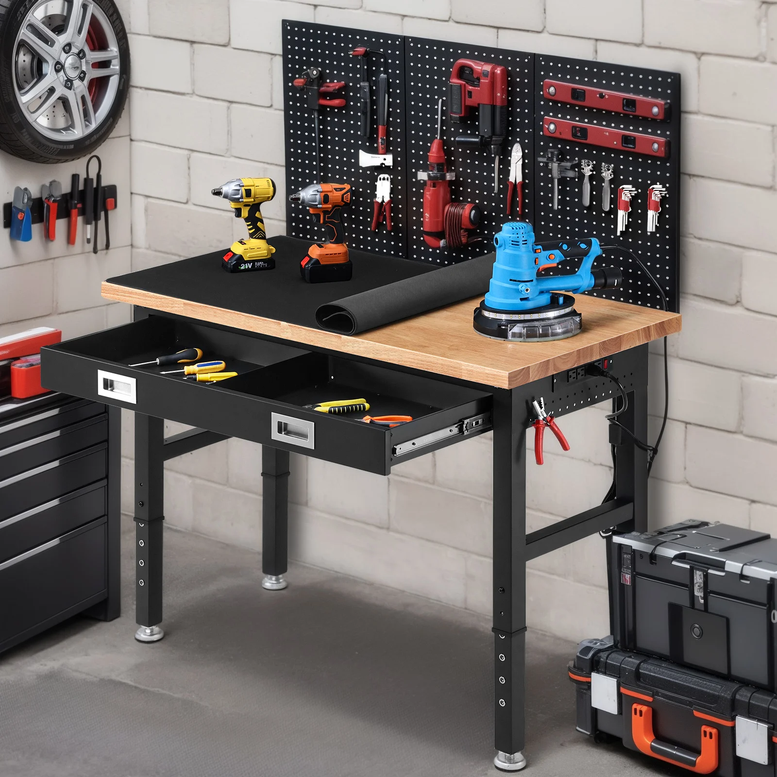 

48" 60" Wood Work Bench w/ Drawer & Storage Pegboards Rubber Wood Table Workstation Garage Desk Table Worktable by ENJOYWOOD